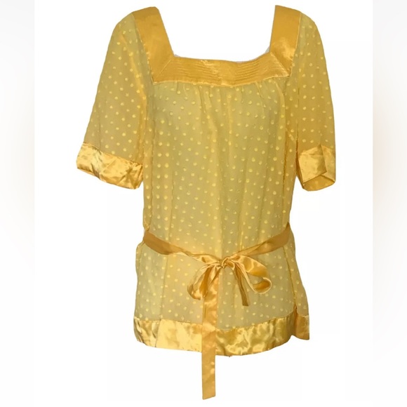 Guess Shirt Women Top Yellow Silk Blouse Large Polka Dot Sash Silky Soft Layers - Picture 7 of 8